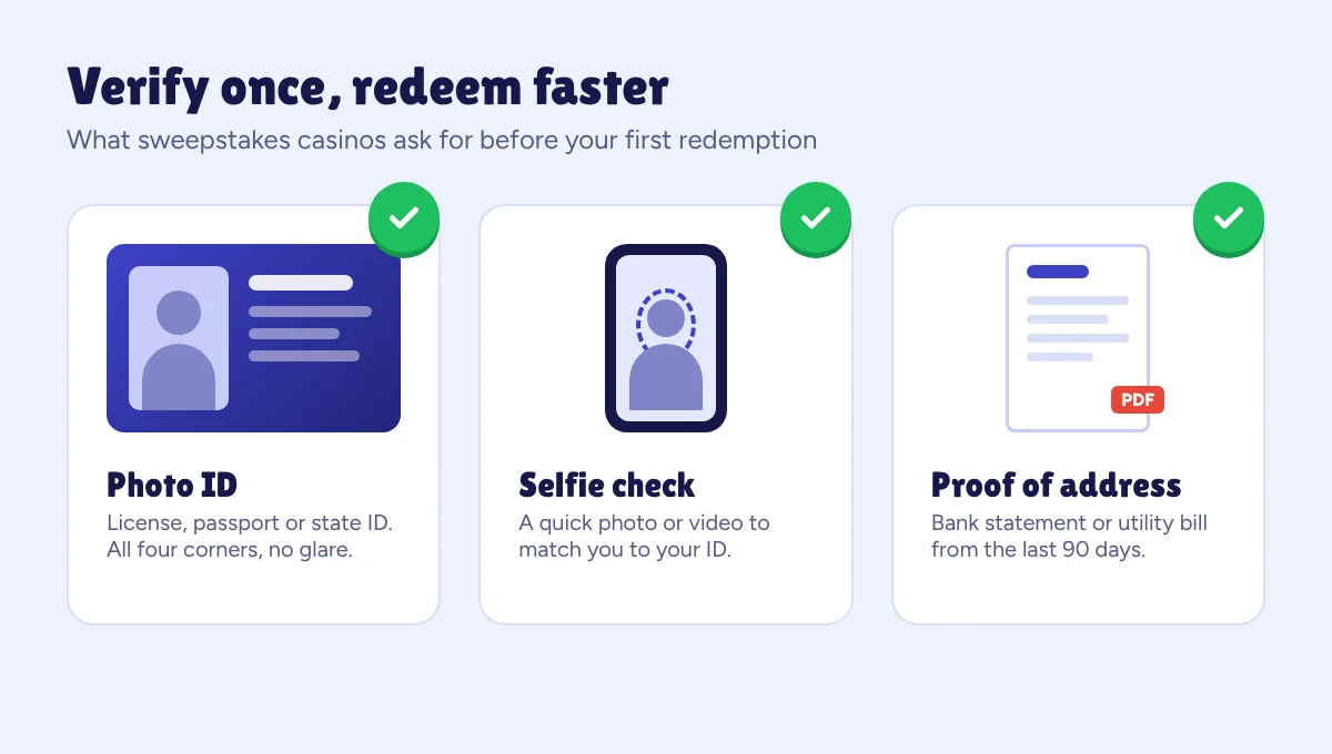 Sweepstakes casino KYC checklist: photo ID, selfie check and proof of address